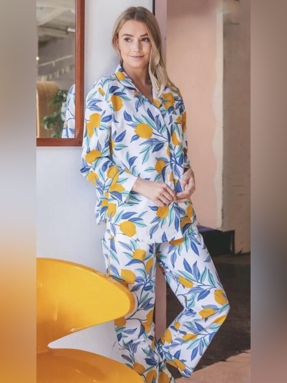 Printfresh Organic Cotton Lemon Zest Women’s Pajama Top Drawstring Pants Set S